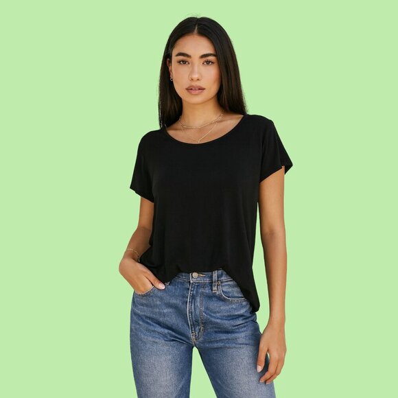 Adrienne Vittadini Black Modal Stretch Scoop Neck Tee | Size S - Picture 1 of 7